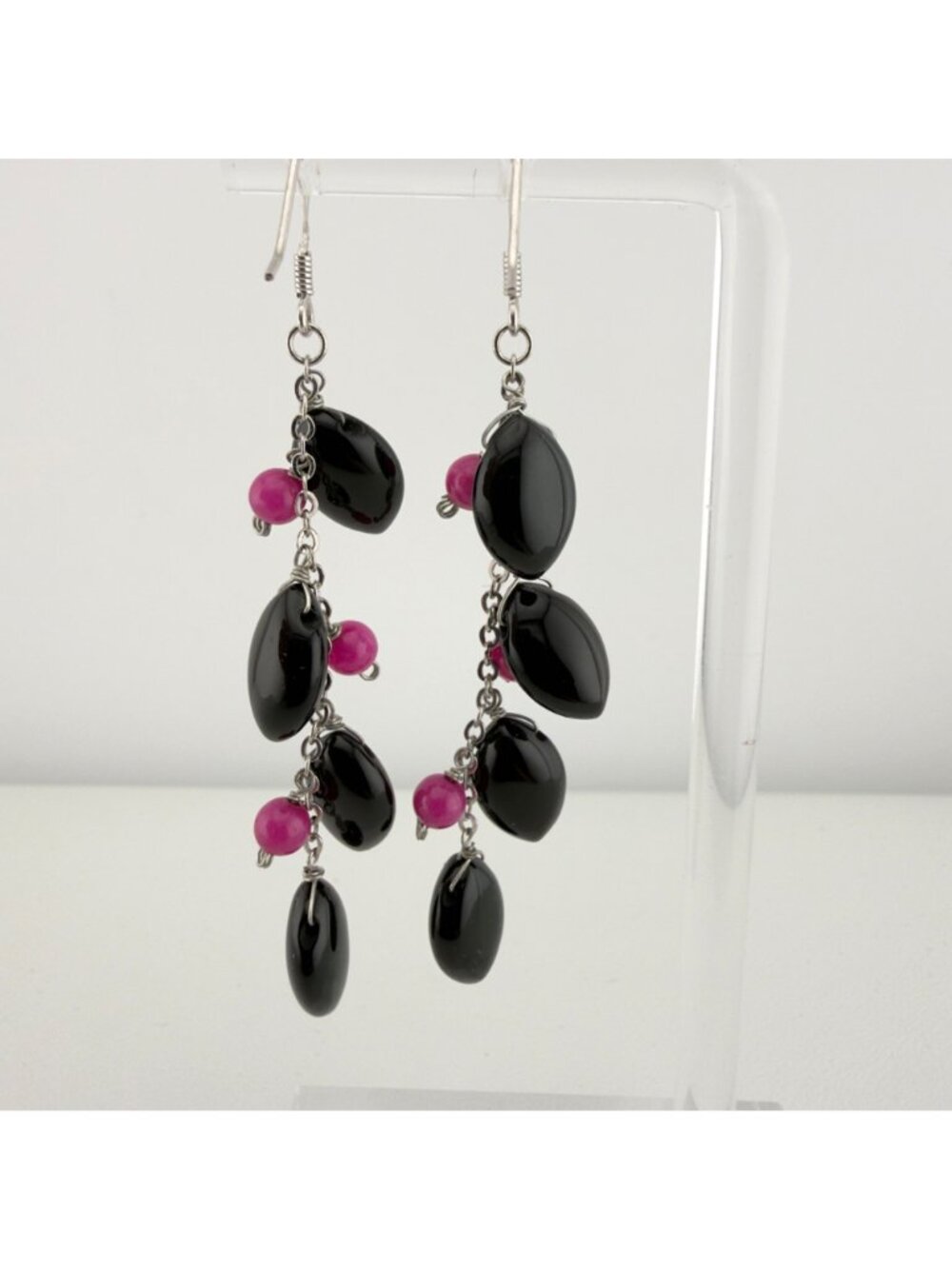 Sterling Silver Long Beaded Dangle Earrings Black Pink 2.5" - Picture 3 of 10